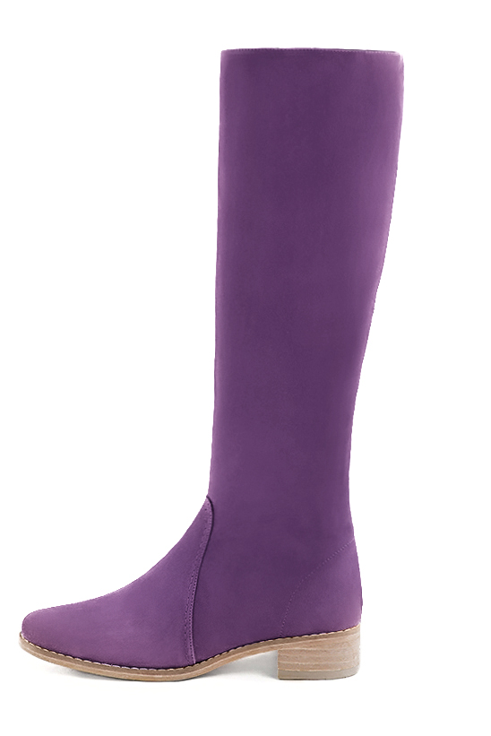 Amethyst purple women's riding knee-high boots. Round toe. Low leather soles. Made to measure. Profile view - Florence KOOIJMAN